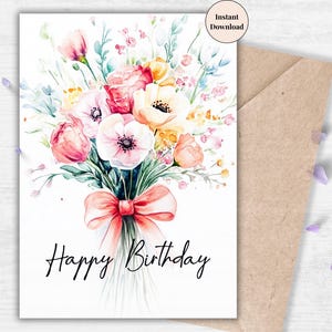 Romantic Pink and White Flower Bouquet Birthday Card – Elegant Printable for Women, Wife, Moms, or Grandmothers | Thoughtful Gift for Her