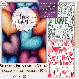 3 diseños de tarjetas de felicitación de amor imprimibles con acuarela / Tarjeta con patrón de amor / Descarga digital / Tarjeta electrónica con diseño moderno y elegante de corazón