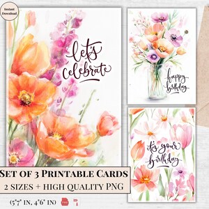 Printable Celebration Cards Bundle – Let’s Celebrate Floral Happy Birthday & Congrats – 3 PNG + 2 PDF Sizes – Instant Download Party Cards