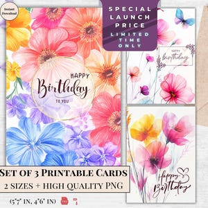 Cartão de aniversário com flor de arco-íris - Cartão eletrônico de feliz aniversário para impressão, cartão digital para download instantâneo para ela, design alegre e colorido | Cartão eletrônico de aniversário