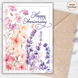 Carte d'anniversaire pastel lavande - carte imprimable douce pour elle ou son partenaire, fleurs sauvages aquarelles romantiques, téléchargement immédiat pour la meilleure femme