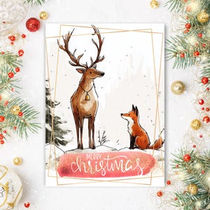 Aquarelle de Noël cerf et renard | Salutation hivernale des animaux des bois | Aquarelle de Noël imprimable PDF PNG |  | Carte virtuelle de voeux pour les Fêtes