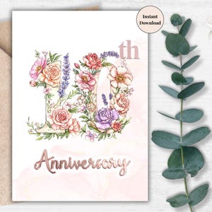 Biglietto digitale per il decimo anniversario con numeri di fiori di campo – Saluto romantico stampabile per coppie, lui o lei / La migliore sorpresa per la moglie