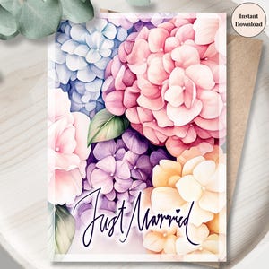 Just Married Wedding Card - Romantic Watercolor Floral Printable, Newlywed Gift, Elegant Rose Bouquet Digital Greeting, Instant Download