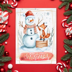 Merry Fox und Schneemann Weihnachtskarte | Süßer Tier-Feiertagsgruß | Digitaler Download PDF PNG | Festliche Winterszene | Weihnachtswald Ecard