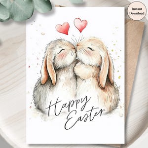 Romantic Bunny Couple Easter – printable card, digital download, instant, PDF, floral design, for her, birthday gift Printable - Cute Rabbit