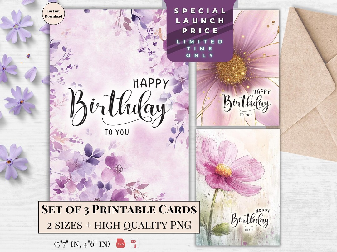 Watercolor Floral Birthday Card Set: Printable Ecards (digital Download ...