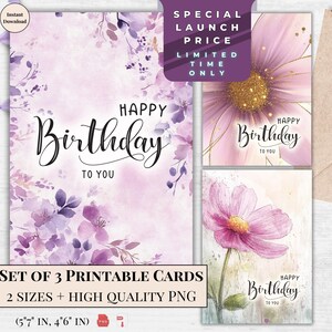 Cartão de aniversário em aquarela - Cartão eletrônico de feliz aniversário para impressão com arte floral simples | Cartão digital elegante para ela, download instantâneo | florais