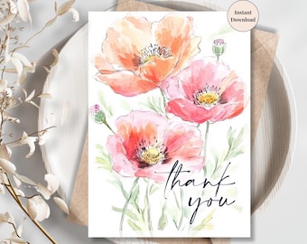 Watercolor Poppy Thank You Card: Elegant Floral Design (PDF & PNG)