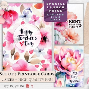 Set prachtige bloemen afdrukbare waarderingskaarten voor leraren – Best Teacher Ever, Happy Teacher’s Day, Love Inspire Teach – digitale groeten