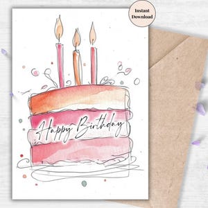 Sketch Birthday Cake Card Printable – Modern Watercolor Digital Birthday Card, Minimalist Art Style Greeting for Him & Her, Instant Download
