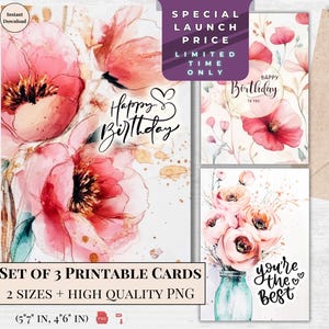 Cartão de Feliz Aniversário para Ela, Design Moderno de Buquê Floral, Cartão para Download Instantâneo, Decoração Rosa Vermelha | Presente Ecológico Digital