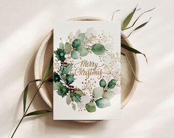 Tarjeta navideña imprimible con corona, saludo festivo plegable con bayas, elegante tarjeta digital para teléfono