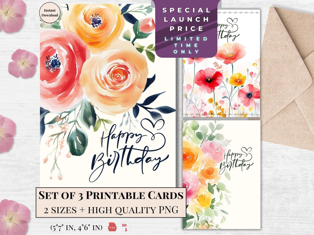 Watercolor Floral Birthday Card Set: Printable Ecard (digital Download ...
