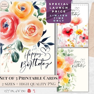 Cartão de Aniversário em Aquarela - Cartão de Feliz Aniversário para Ela para Imprimir | Design Floral Elegante e Cartão Eletrônico para Download Instantâneo | Arte Moderna de Flores Silvestres