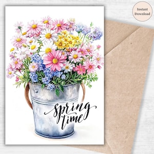 Carte de printemps fleurs sauvages - voeux floral imprimable pour maman, tante, note de Pâques, cadeau numérique champêtre | Fleur cadeau jardin printanier Hers