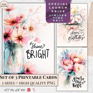 Shine Bright-verjaardagskaartenset | Aquarel wilde bloemen | Afdrukbare wenskaarten | Directe digitale download | Bloemboeket voor haar vrouw