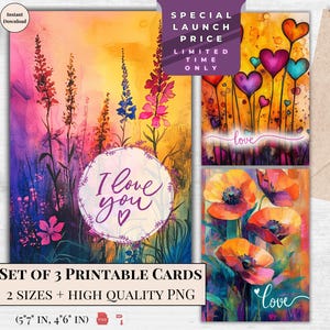 Cartes de voeux imprimables aquarelle pour la Saint-Valentin, lot de 3 modèles | Carte postale aquarelle d'amour | Téléchargement numérique | Design moderne et élégant