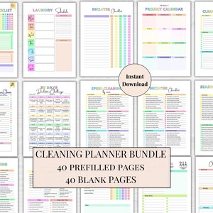 May include: A collection of printable cleaning planner pages with pastel color schemes. The pages include checklists, schedules, and calendars for various cleaning tasks. The bundle includes 40 prefilled and 40 blank pages. Text on the image says "Instant Download".