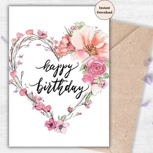 Floral Heart Wreath Birthday Card – Romantic Flower Printable for Wife, Girlfriend, or Sister’s Birthday Greeting | Thoughtful Gift for Her