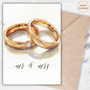 Mr & Mrs Wedding Rings Printable - Elegant Gold Ring Watercolor, Digital Wedding Gift, Marriage Keepsake, Instant Download, Gold Bride Groom
