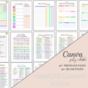 May include: A collection of printable cleaning checklists and schedules in pastel colors. The pages include a cleaning checklist, laundry schedule, declutter checklist, project calendar, and cleaning schedule. The Canva fully editable system includes 40+ prefilled and 40+ blank pages.