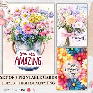 Afdrukbare kaarten voor Vrouwendag met bloemen: vintage charme, digitale groet voor sterke en inspirerende vrouwen | Download pdf voor haar, vrouw en vriendin