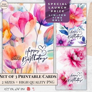 Conjunto de cartões de aniversário florais - Estampas elegantes de peônia e tulipa - Presente de aquarela digital | Impressão de arte com padrão floral brilhante | Conjunto de flores para impressão