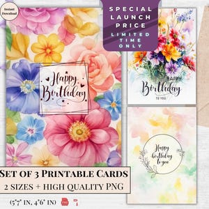 Regenboogverjaardagskaart - afdrukbare gelukkige verjaardagskaart met elegante bloemen, digitale kaart voor haar direct te downloaden, vrolijke en kleurrijke e-card