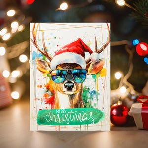 Cartão de Natal de veado para impressão | Download digital em tamanhos 4x6 e 5x7 + PNG bônus para compartilhamento | Arte divertida de animais de Natal | Presente para amantes de animais