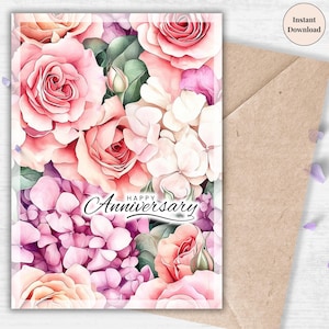 Elegante roze roos afdrukbare jubileumkaart – romantische bloemen digitale kaart voor haar, vrouw of partner, cadeau direct download | Bloemenpatroon