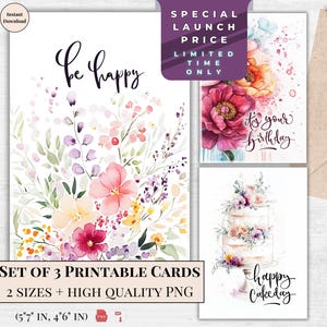 Printable Watercolor Birthday Card Set – Elegant DIY Greeting Cards – Floral Art – Gift for Mom, Friend, Sister, Wife, Instant Download