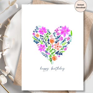 Printable Floral Birthday Card Set od 2 – Heart Watercolor Birthday Card for Her, Digital Download Greeting Cards, Feminine Birthday Art