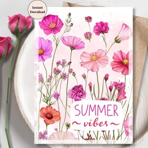Cartão Floral Rosa Summer Vibes para Imprimir – Delicate Wildflower Meadow Digital Art com Energia Feminina do Sol | Impressão de Arte Floral para Ela