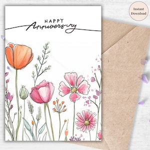 Tarjeta minimalista de feliz aniversario con flores silvestres: tarjeta floral imprimible para celebrar un aniversario de bodas romántico y un momento especial.