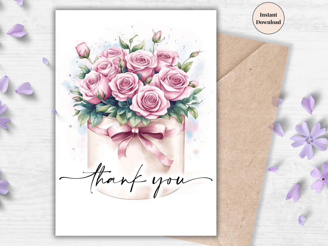 Pink Rose Bouquet Thank You Card: Watercolor Floral (PDF & PNG) - Etsy