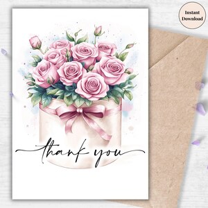 Elegant Pink Rose Bouquet Thank You Card – Printable Flower Arrangement Greeting for Her, Weddings, Bridesmaids, Family, Nurse or Co-worker