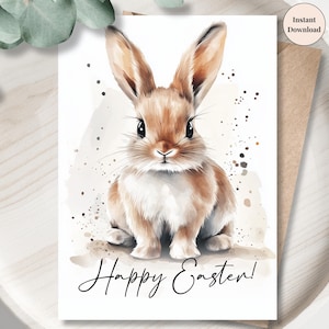 Realistic Watercolor Bunny Easter Printable - Soft Rabbit Art, Elegant Holiday Greeting, Digital Easter Card, Instant Download | Cute E-card