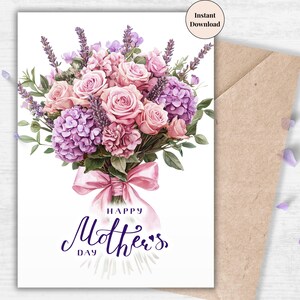 Purple Flower Vase Mother's Day Card – Elegant Printable Bouquet of Lavender, Roses, and Peonies for a Classy, Floral-Loving Mom, Grandma