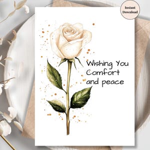 Carte de condoléances élégante rose blanche - carte de condoléances imprimable pour la perte d'un être cher, carte numérique florale paisible de deuil | Imprimez à la maison