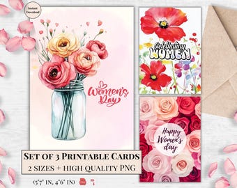 Utskrivbara kort för kvinnodagen – vintageblommor i mason jar, färgglada vallmoblommor och eleganta rosor – omtänksam digital hälsning till henne, mamma, vän