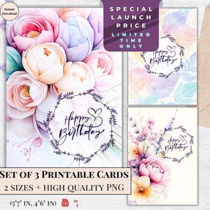 Cartão de Feliz Aniversário em Tons Pastel Suaves | Cartão eletrônico de Peônia para impressão para ela, design de buquê floral para download instantâneo e amantes da natureza | Padrão de flores