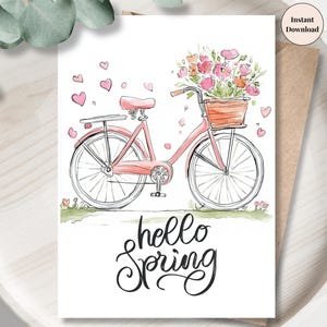Carte de voeux florale printanière à vélo - Pâques imprimable pour maman, grand-mère, soeur, fille, amie, tante - carte numérique Hello Spring pour elle