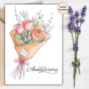 Carte d'anniversaire bouquet de fleurs rustique - aquarelle imprimable voeux d'amour pour les étapes romantiques, les mariages, les moments de relation pour elle