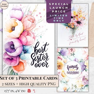 Juego de tarjetas de felicitación imprimibles para la mejor hermana del mundo / Juego de tarjetas florales de descarga instantánea / Regalo de cumpleaños sentimental para hermana / Ramo pastel para ella