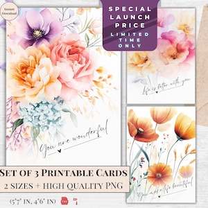 Conjunto de cartões Boho Peony - Notas de incentivo e aniversário - Presente floral para impressão | Impressão digital | Você torna a vida bonita Ecard | Arte floral