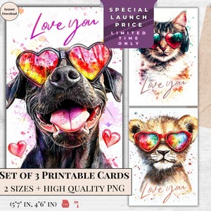 Pacote de cartões de felicitações de dia dos namorados para impressão em aquarela com 3 designs | Cartão eletrônico Cool Animals em aquarela | Download digital | Bold Wild Design