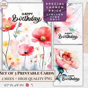 Cartão de Feliz Aniversário - Cartão eletrônico floral para impressão, download instantâneo para ela | Design de rosas e peônias, padrão de prado de flores | Cartão para impressão em casa