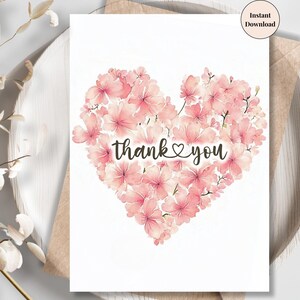 Cherry Blossom Heart Thank You Card - Soft Floral Printable for Baby Shower, Family, Friend, Loved One & Spring Gratitude | Thanks E-card