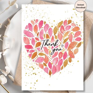 Gold Heart Leaves Thank You Card – Elegant Botanical Printable Card for Wedding Guests, Friends, Clients or Family | For Mom, Sister, Aunt